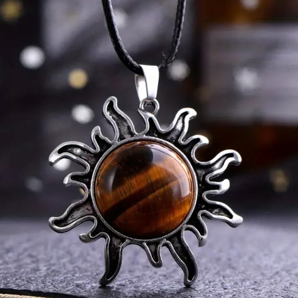 Tiger Eye Natural Stone Sun Shaped Pendant Necklace Healing Gemstone Pendant - Picture 4 of 4